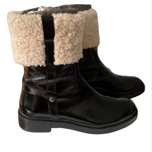 Russell & Bromley patent leather black boots w/ shearling